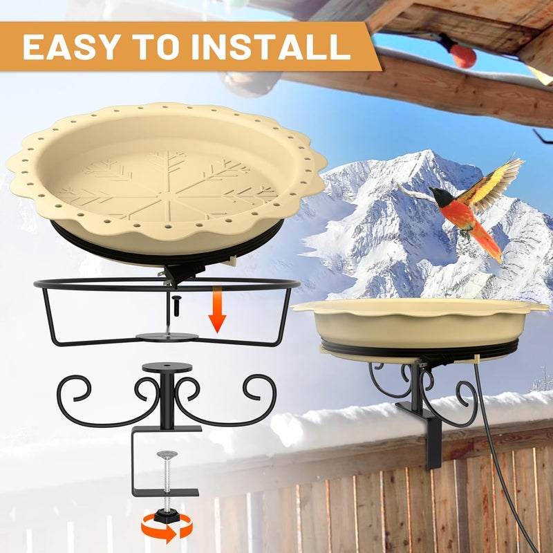 We-buys Heated Bird Baths for Outdoors, 100W Heated Bird Bath for Deck Railing, Heated Birdbath with Thermostat Control, Heated Bird Bath for Outside Winter Garden Patio Yard (Yellow) - Image 5